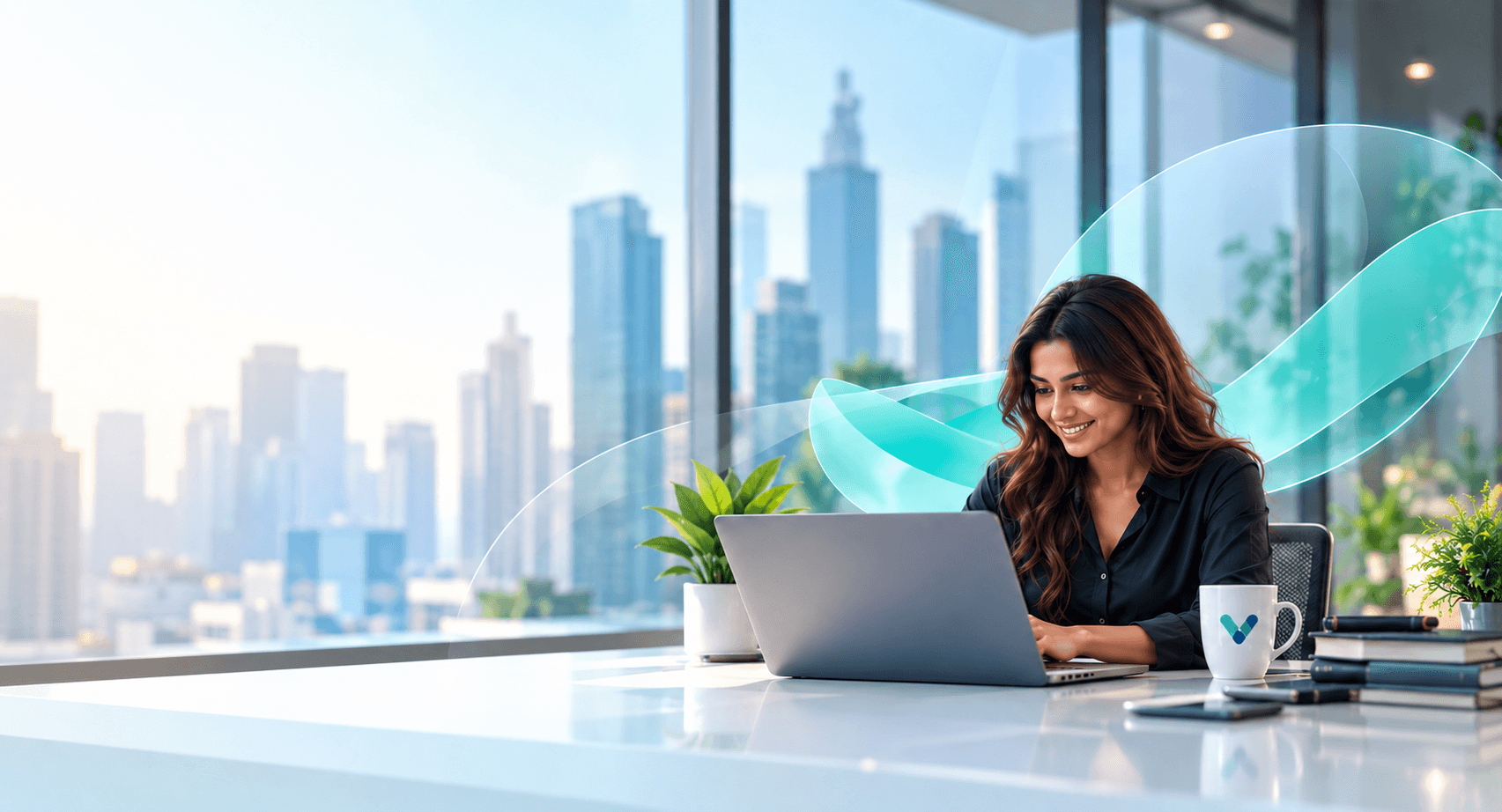 A marketer at work with the month's channel figures beside her