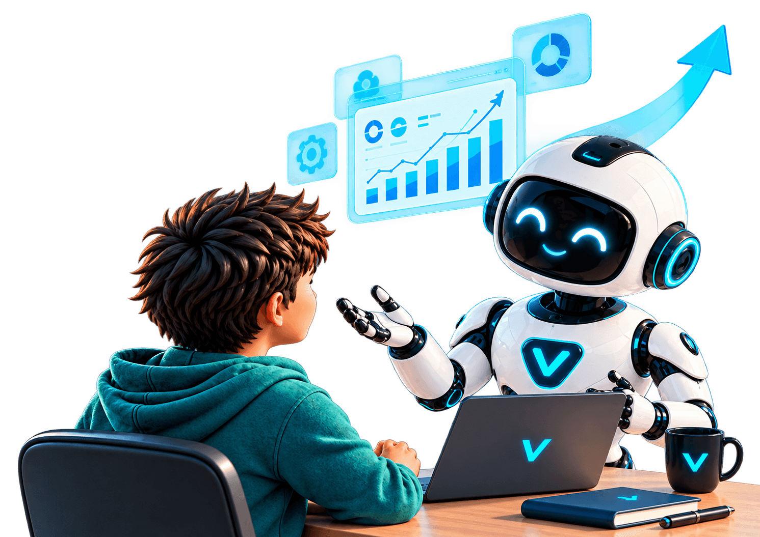 The Vision Bitz assistant showing a young founder a rising performance dashboard