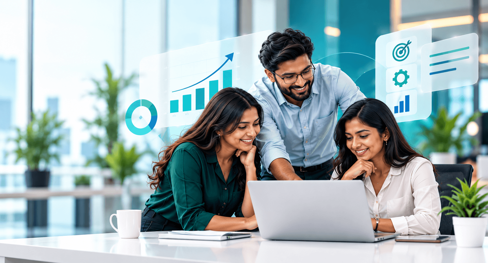 A sales team reviewing their pipeline and conversion figures on a laptop