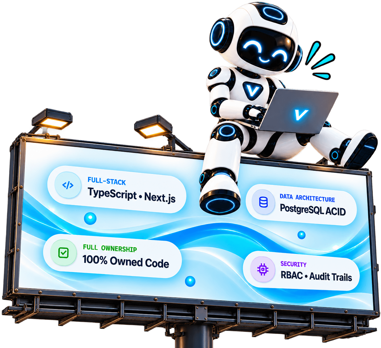 A robot presents a futuristic software architecture billboard