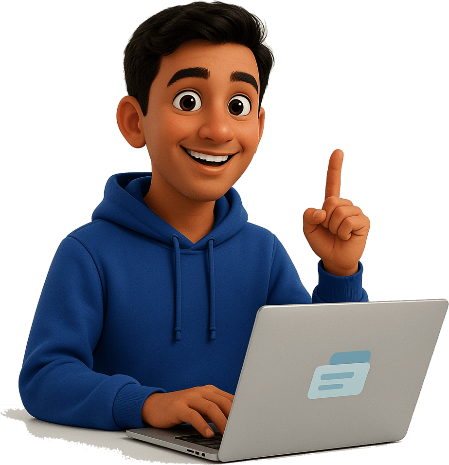 Illustration of a young man at his laptop pointing up with an idea