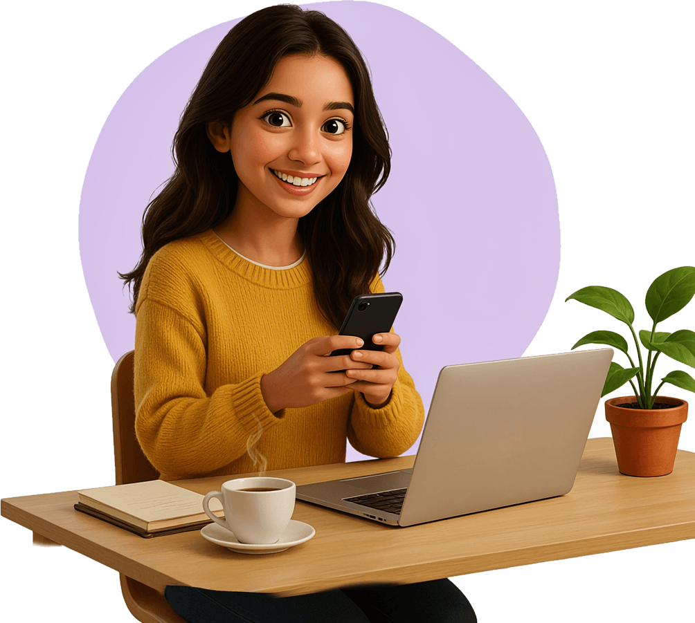 Illustration of a smiling woman checking social media on her phone at her desk