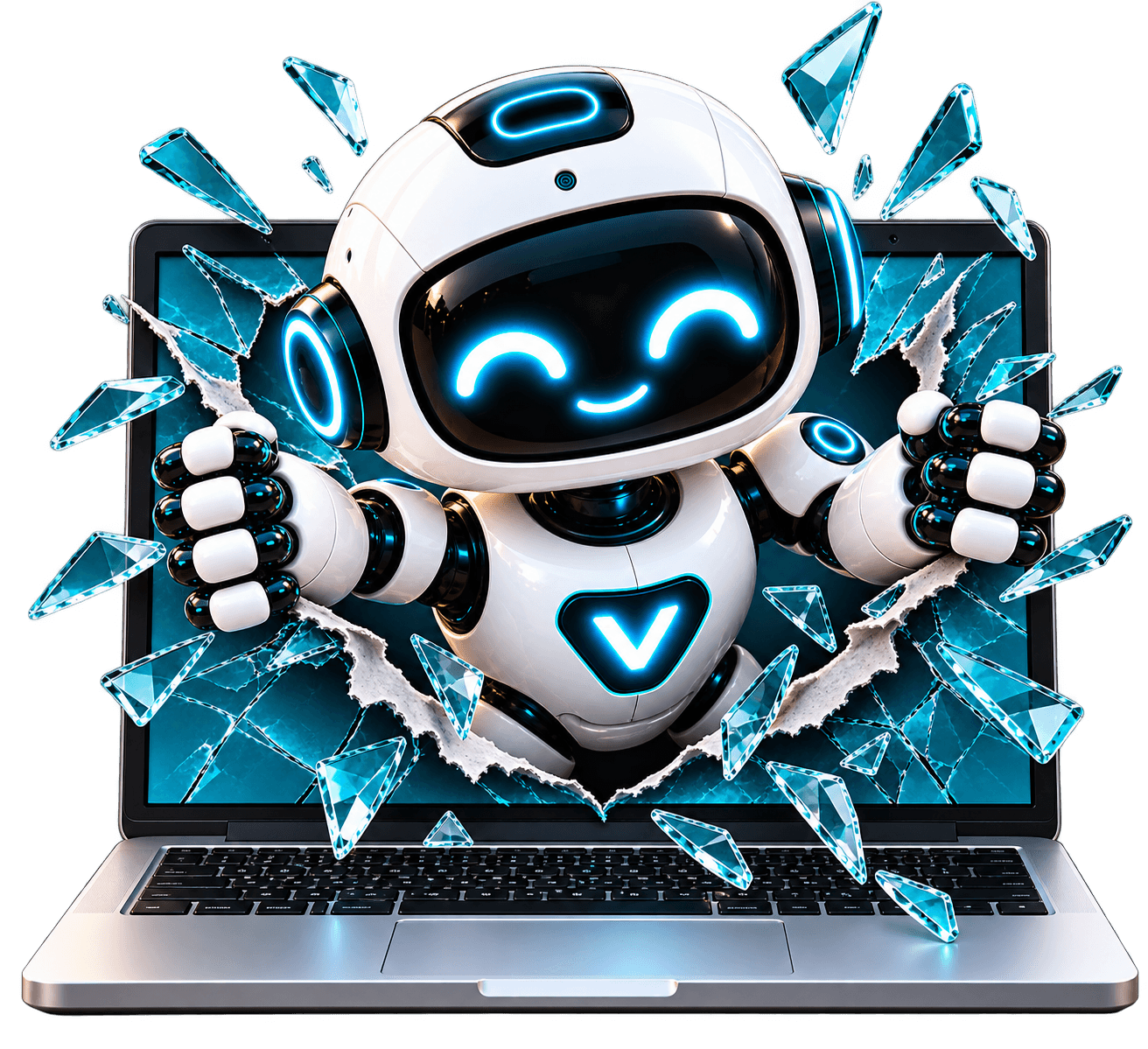 Cheerful robot bursting through a website