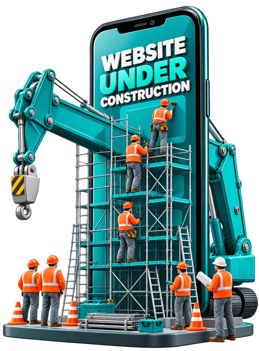 Construction crew building a website on a large smartphone